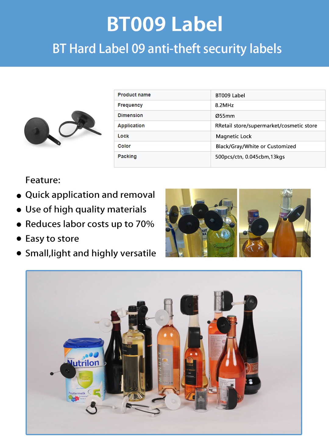 BT009 Black round EAS 55mm plastic anti theft bottle tag for supermarket